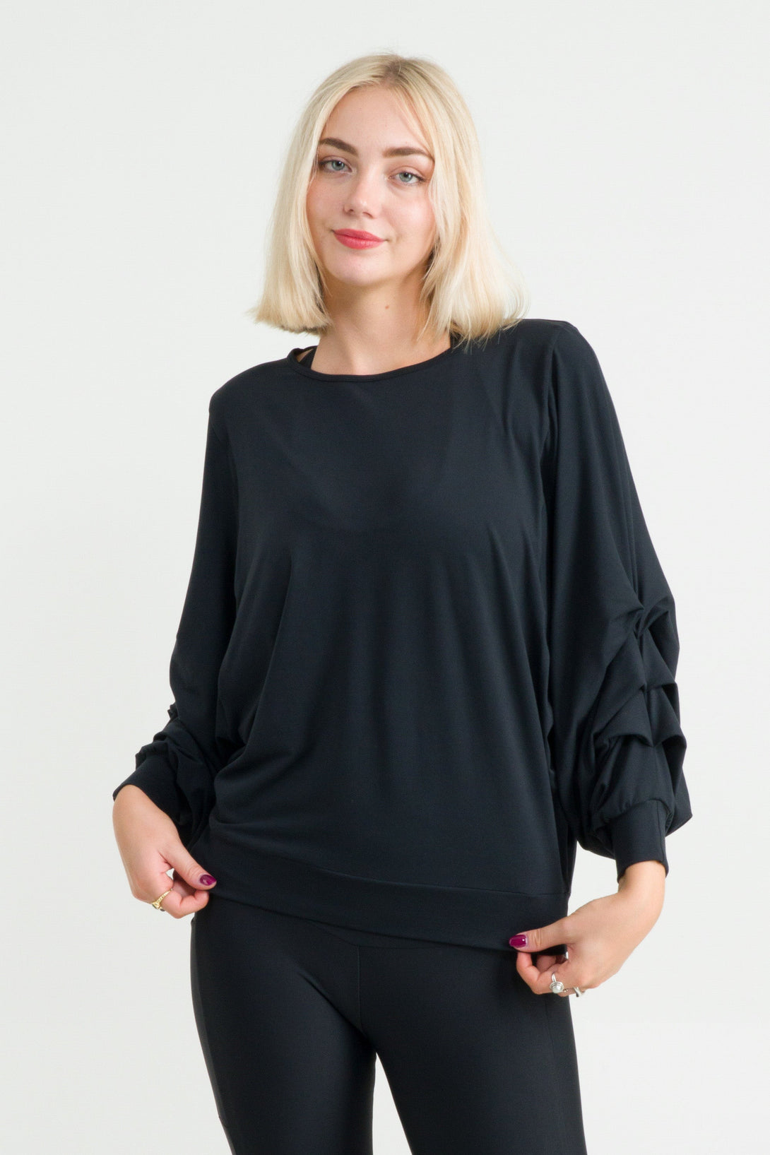 Black Soft To Touch - Batwing Cinched Sleeve Sweater-Activewear-Exoticathletica