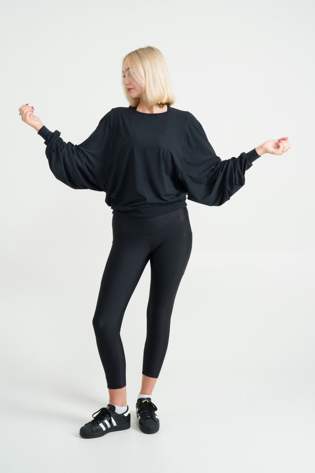 Black Soft To Touch - Batwing Cinched Sleeve Sweater-Activewear-Exoticathletica