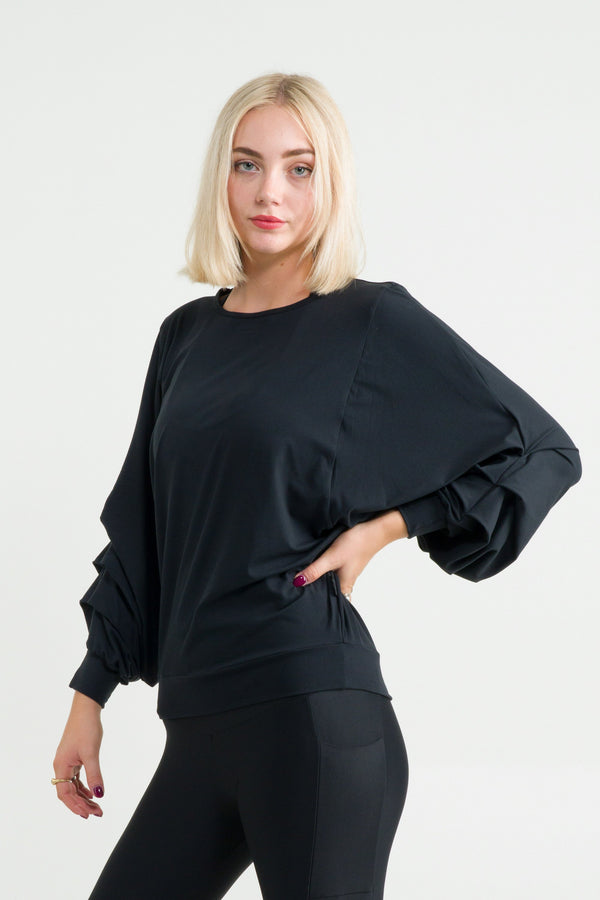 Black Soft To Touch - Batwing Cinched Sleeve Sweater-Activewear-Exoticathletica