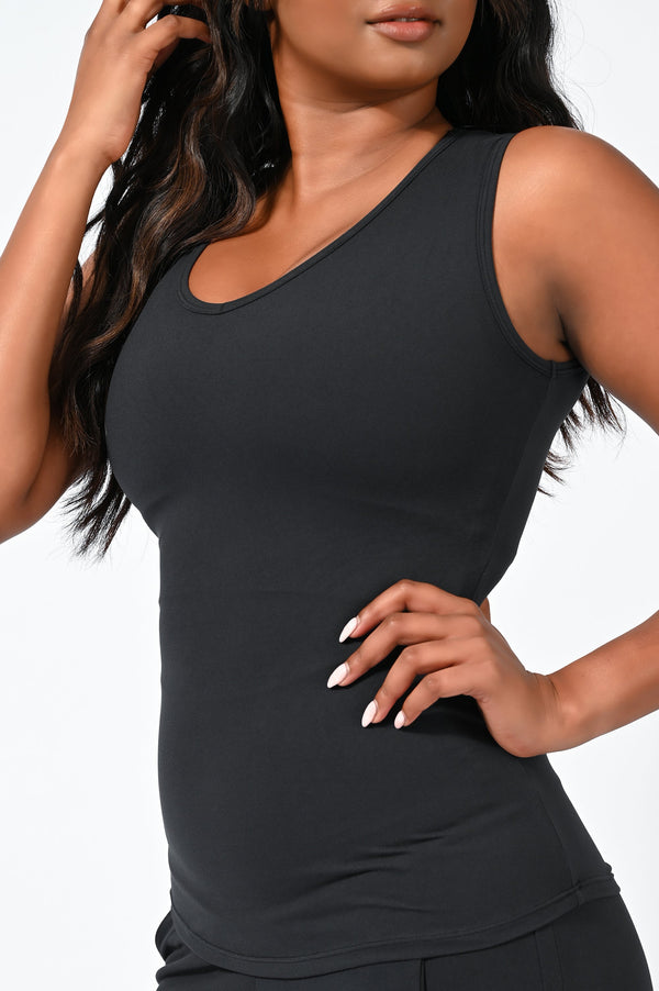 Black Soft To Touch - Fitted V Neck Tank-Activewear-Exoticathletica