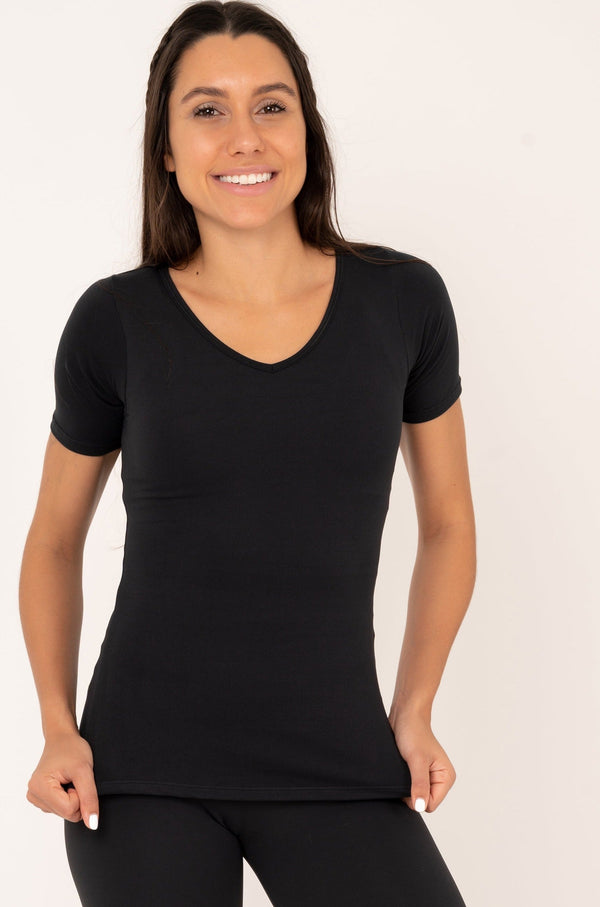 Black Soft To Touch - Fitted V Neck Tee-Activewear-Exoticathletica