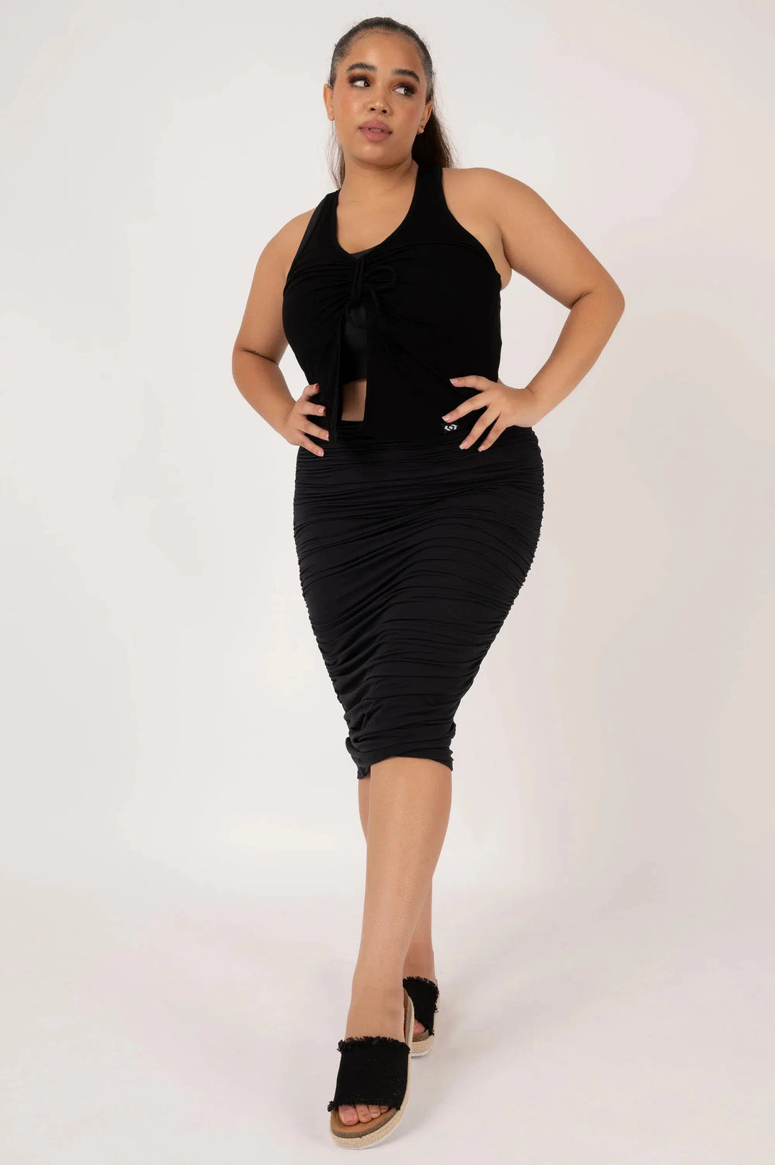 Black Soft To Touch - Ruched Midi Skirt-Activewear-Exoticathletica