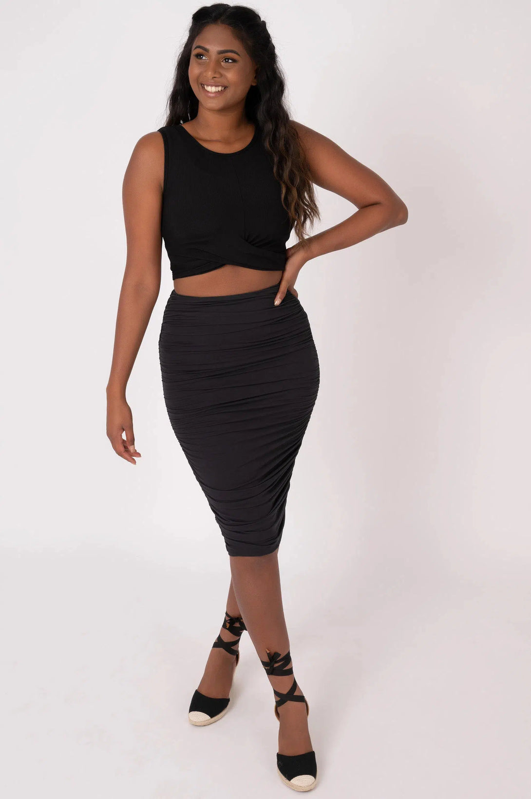 Black Soft To Touch - Ruched Midi Skirt-Activewear-Exoticathletica