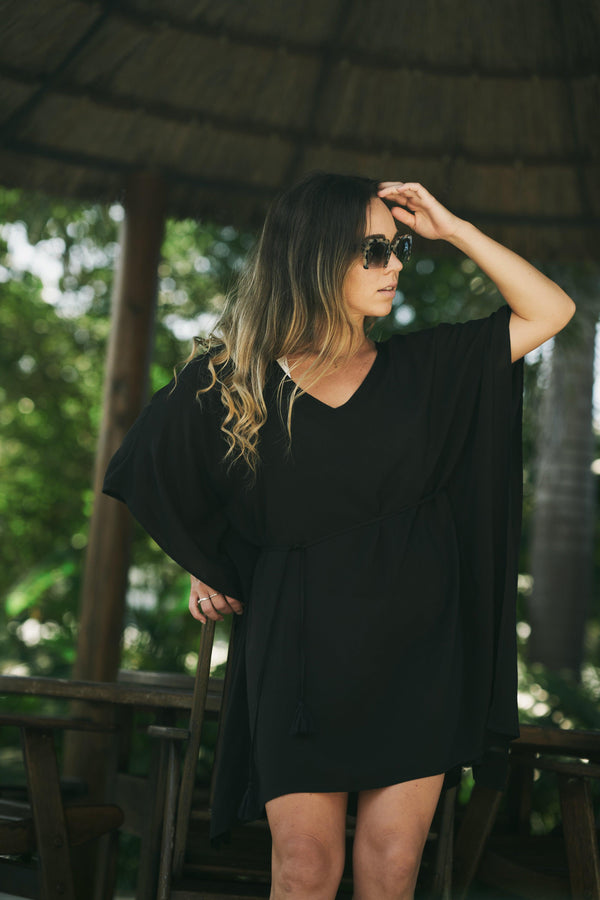 Black Sustainable Viscose - Adjustable Tie Waist Kaftan-9358328371649-Activewear-Exoticathletica