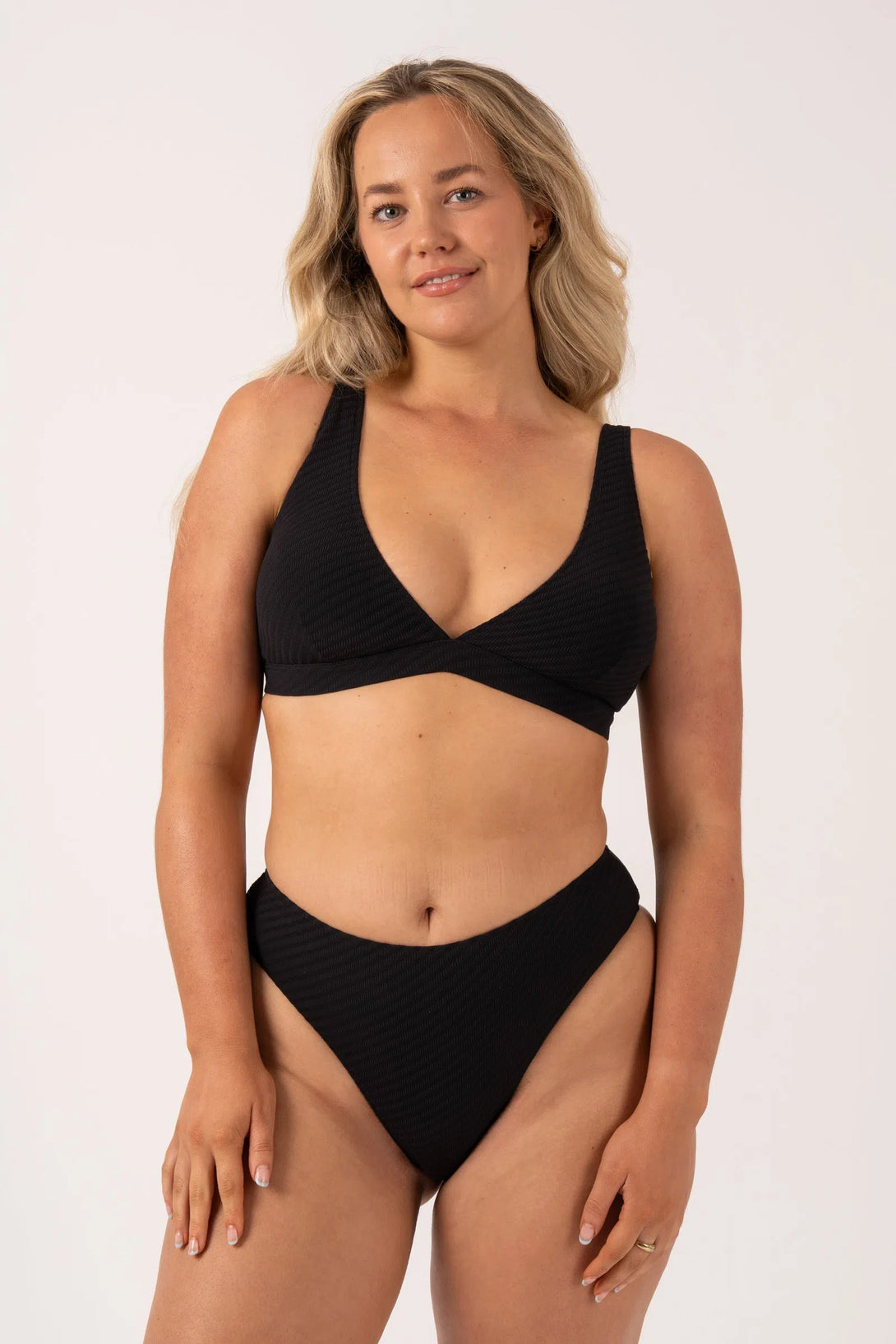 Black Textured - Built Up Deep V Triangle Bikini Top-Activewear-Exoticathletica