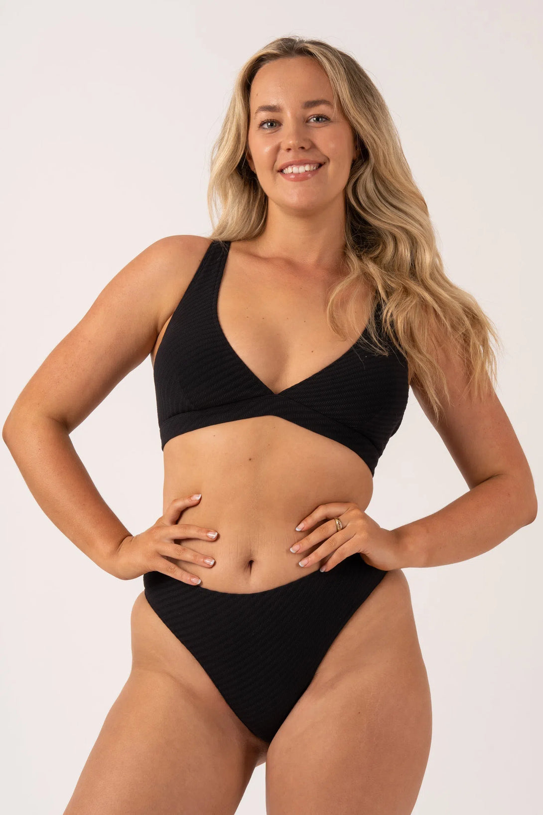 Black Textured - High Waist High Leg Bikini Bottom-Activewear-Exoticathletica