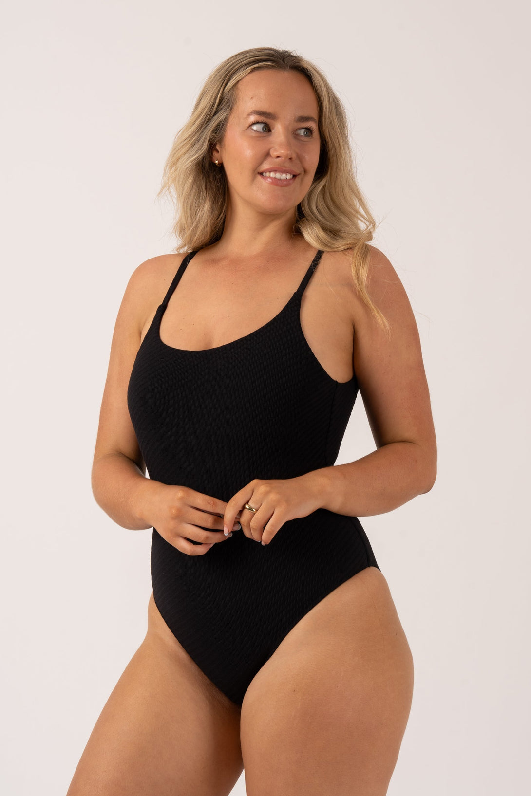 Black Textured - Scoop Neck High Leg One Piece-9358328381440-Activewear-Exoticathletica