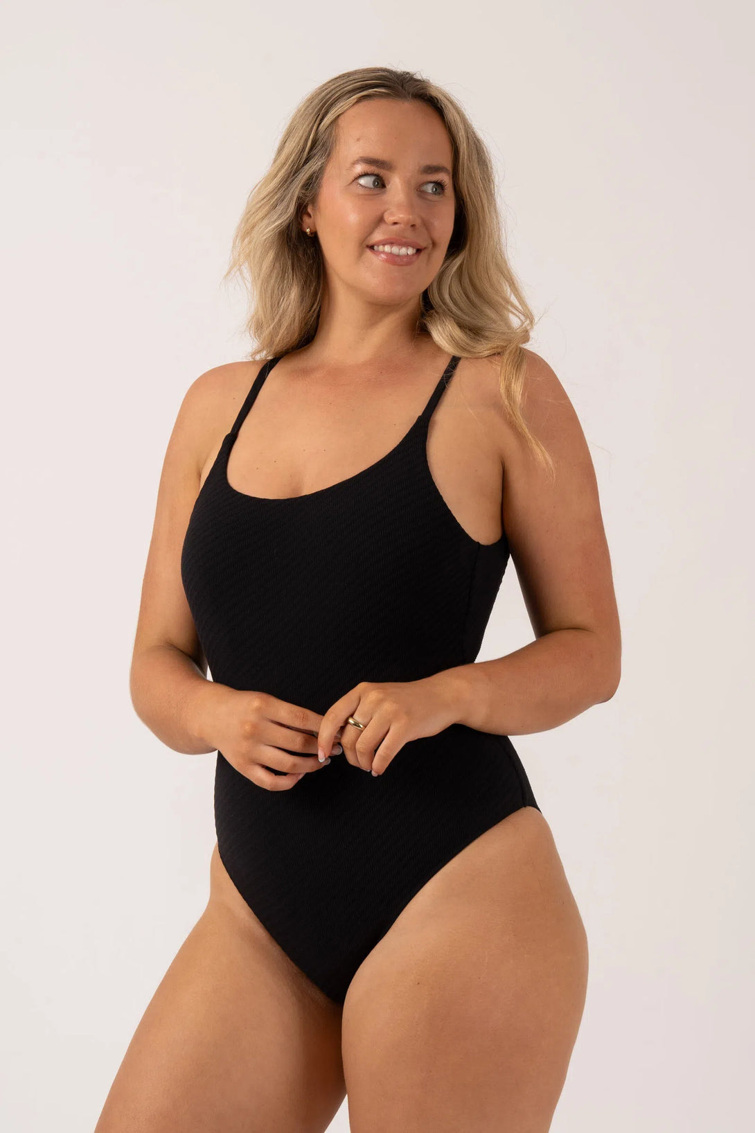 Black Textured - Scoop Neck High Leg One Piece-9358328381440-Activewear-Exoticathletica