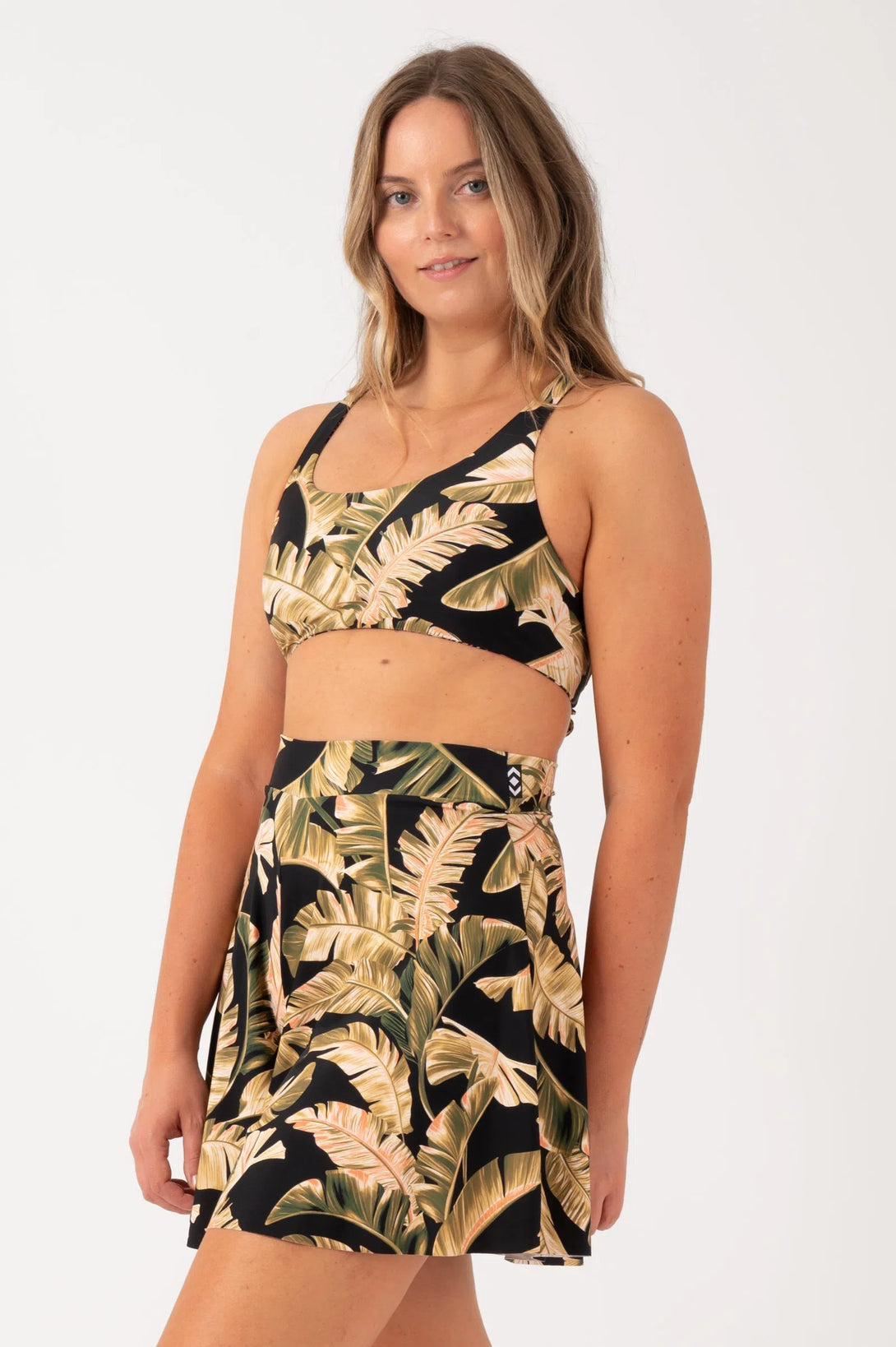 Black Tropical Leaf Silky - Mini Palazzo Short-9358328380146-Activewear-Exoticathletica