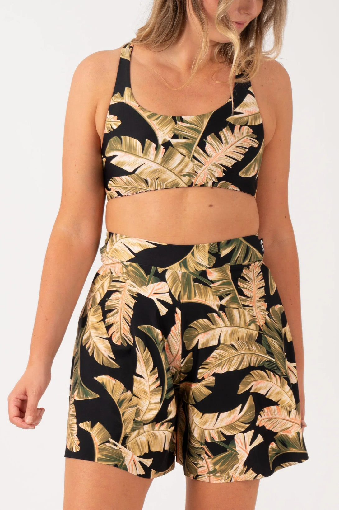 Black Tropical Leaf Silky - Mini Palazzo Short-Activewear-Exoticathletica