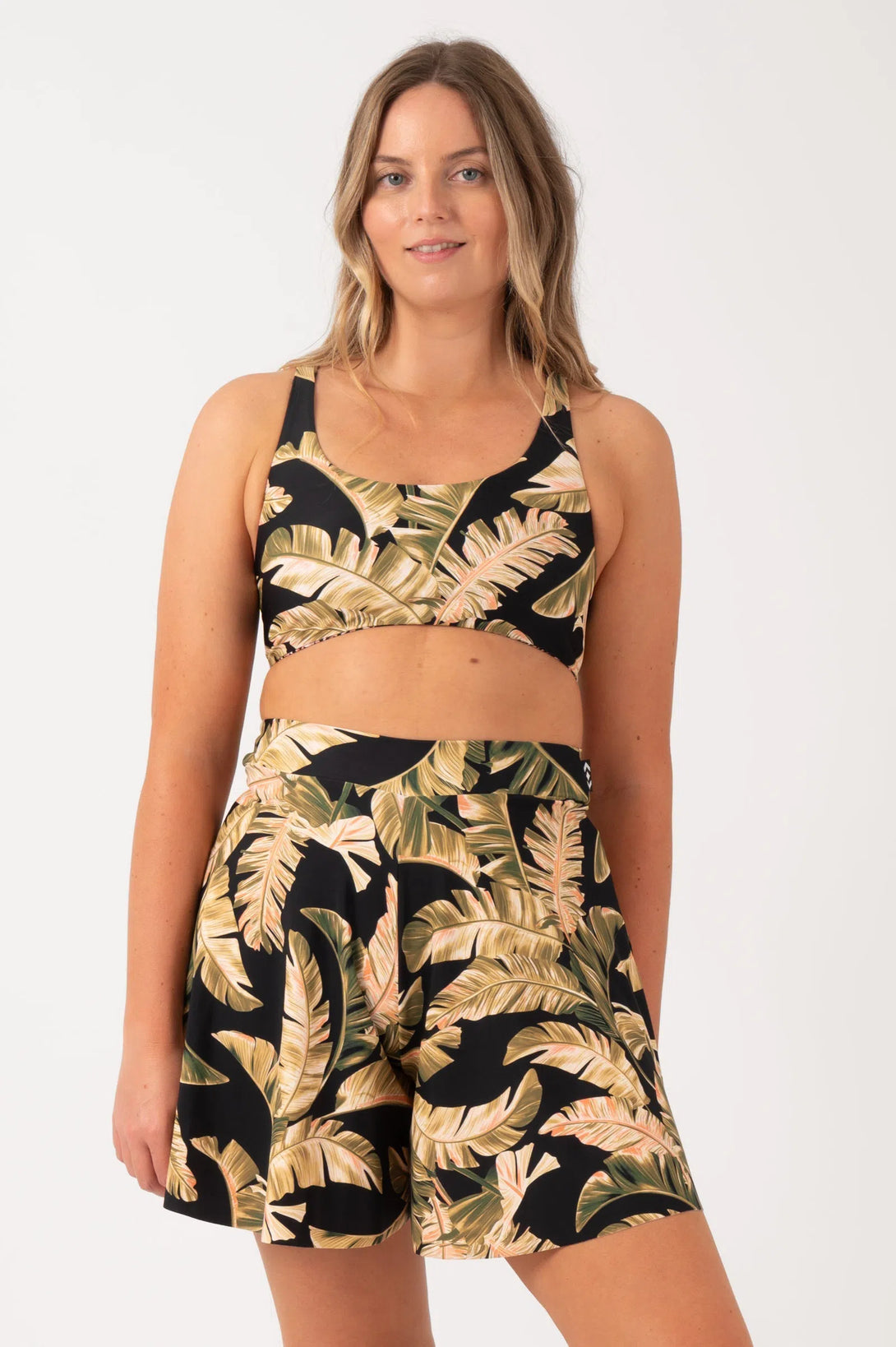 Black Tropical Leaf Silky - Mini Palazzo Short-Activewear-Exoticathletica