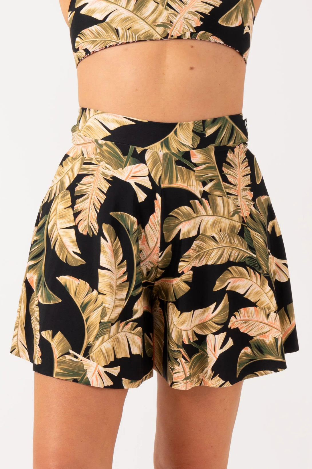 Black Tropical Leaf Silky - Mini Palazzo Short-Activewear-Exoticathletica