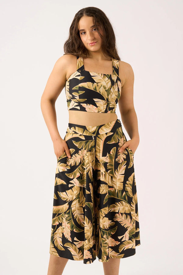 Black Tropical Leaf Silky - Palazzo Culotte With Pocket-9358328380856-Activewear-Exoticathletica