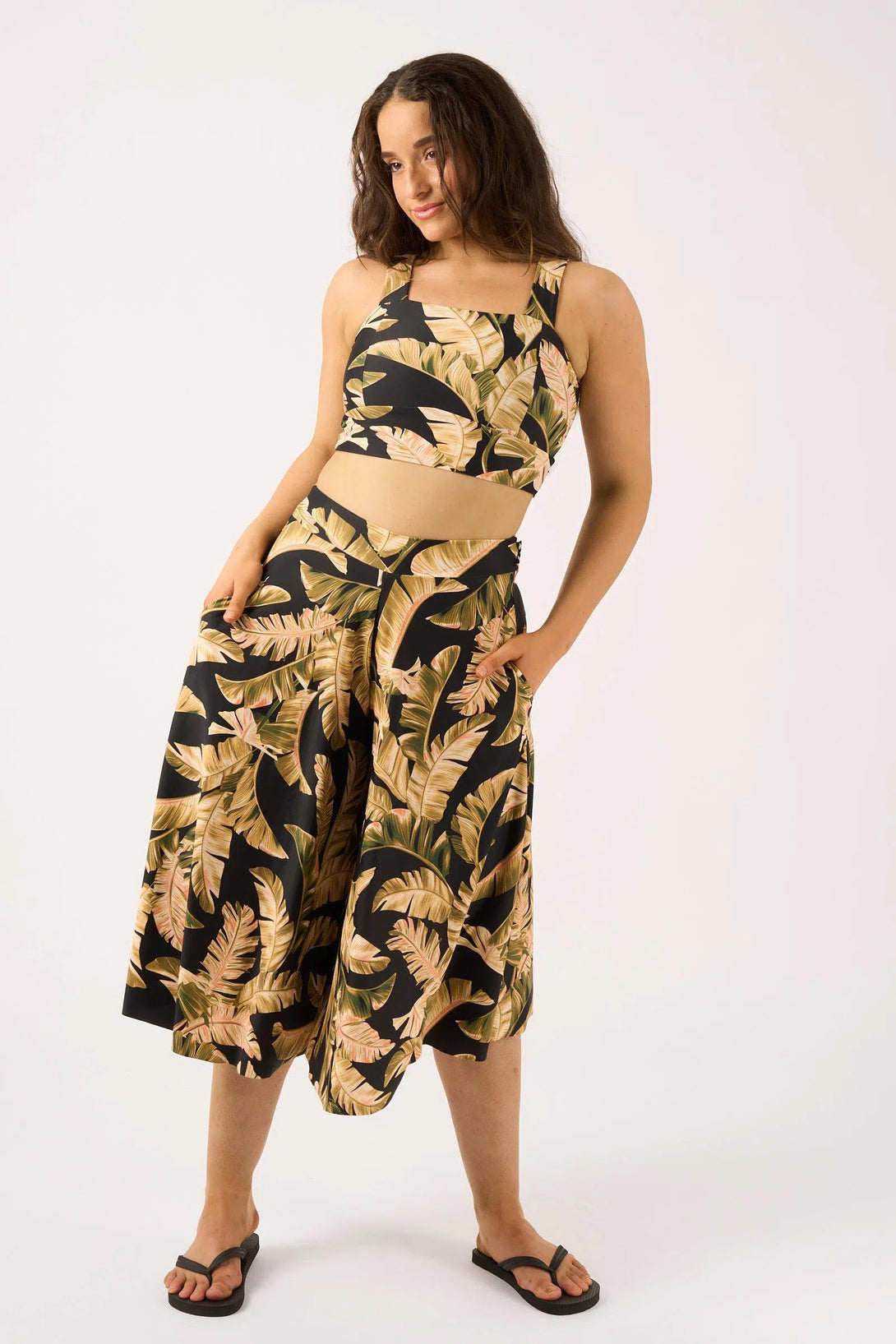 Black Tropical Leaf Silky - Palazzo Culotte With Pocket-Activewear-Exoticathletica