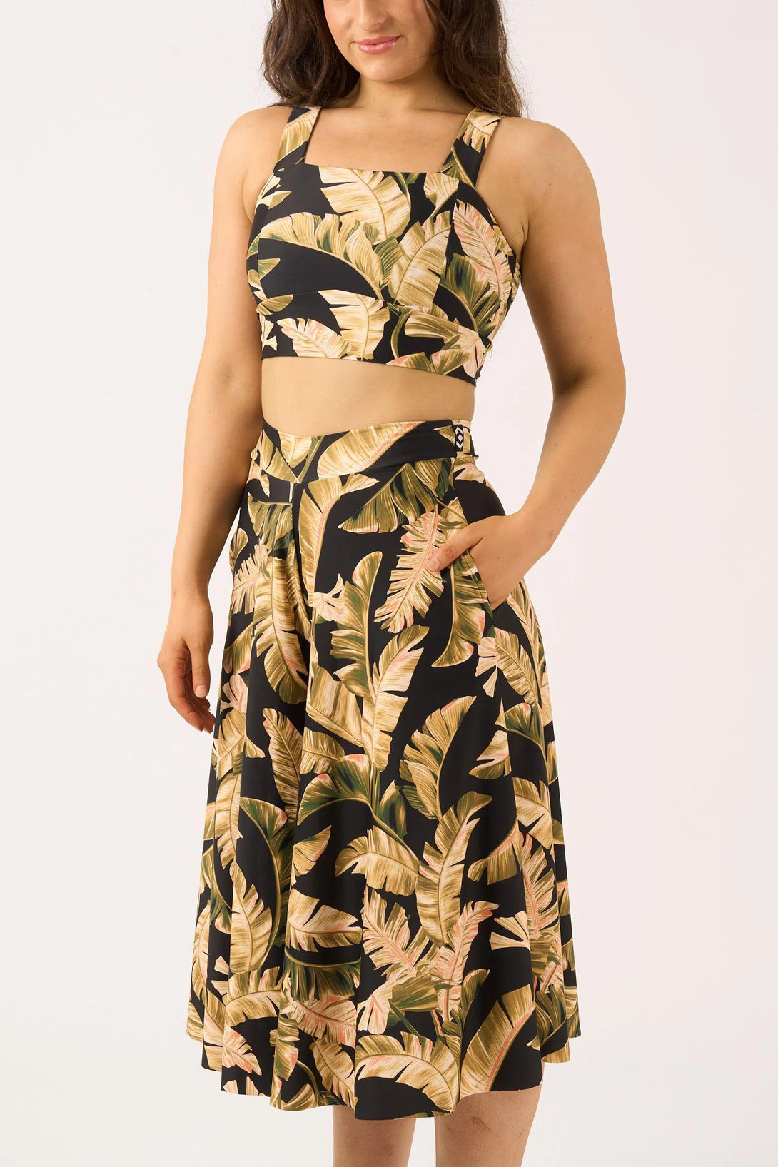 Black Tropical Leaf Silky - Palazzo Culotte With Pocket-Activewear-Exoticathletica