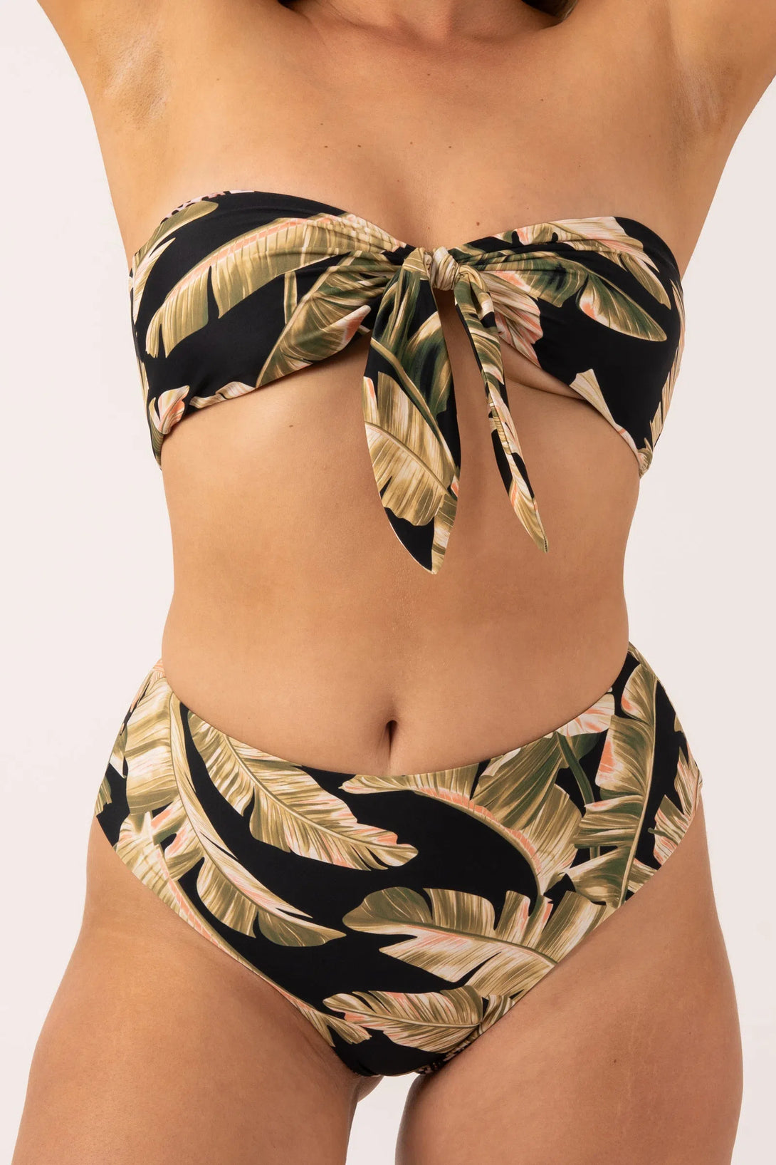 Black Tropical Leaf Silky - Reversible High Waisted Cheeky Cut Bikini Bottom-Activewear-Exoticathletica