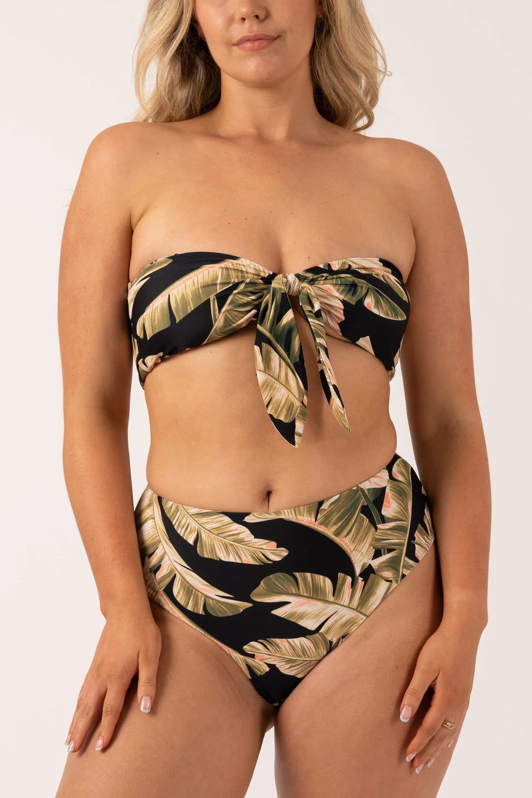 Black Tropical Leaf Silky - Reversible High Waisted Cheeky Cut Bikini Bottom-Activewear-Exoticathletica