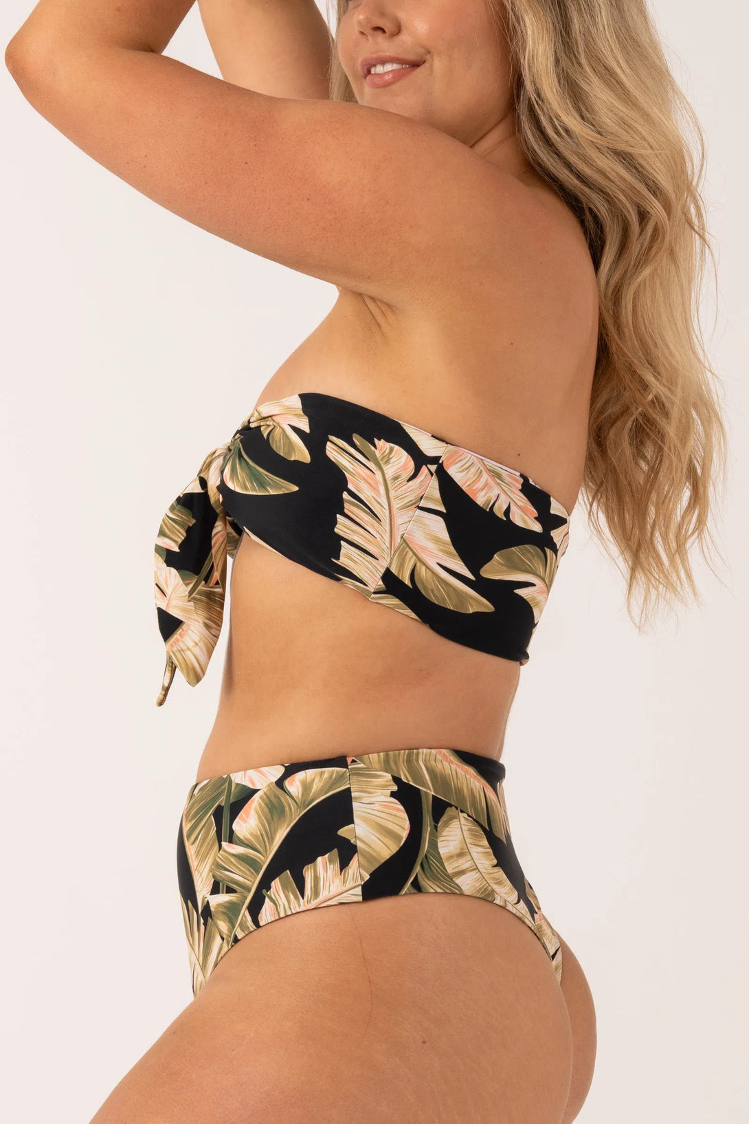 Black Tropical Leaf Silky - Reversible High Waisted Cheeky Cut Bikini Bottom-Activewear-Exoticathletica