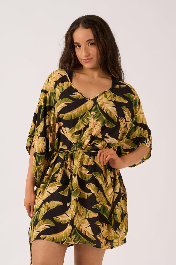 Black Tropical Leaf Sustainable Viscose - Adjustable Tie Waist Kaftan-9358328372004-Activewear-Exoticathletica