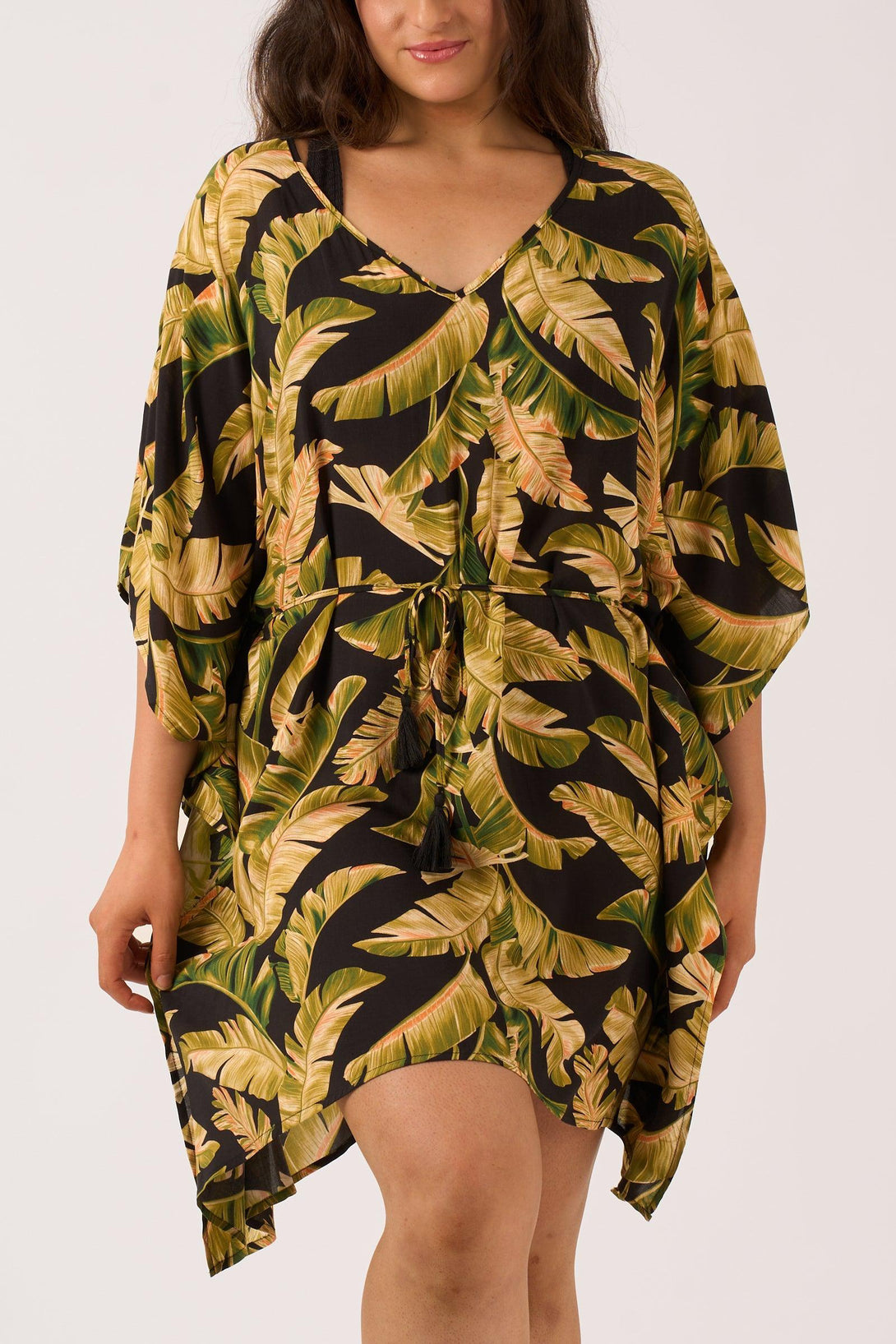 Black Tropical Leaf Sustainable Viscose - Adjustable Tie Waist Kaftan-Activewear-Exoticathletica