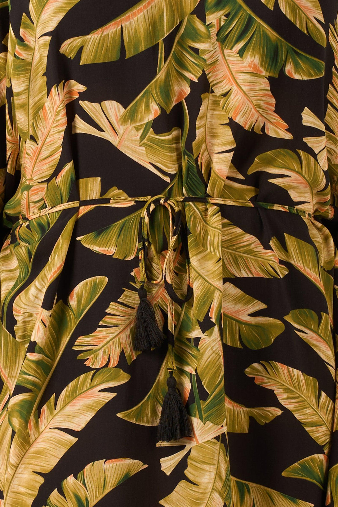 Black Tropical Leaf Sustainable Viscose - Adjustable Tie Waist Kaftan-Activewear-Exoticathletica