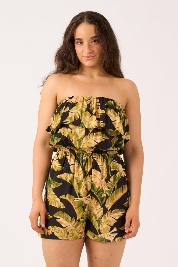 Black Tropical Leaf Sustainable Viscose - Frill Playsuit-9358328372448-Activewear-Exoticathletica