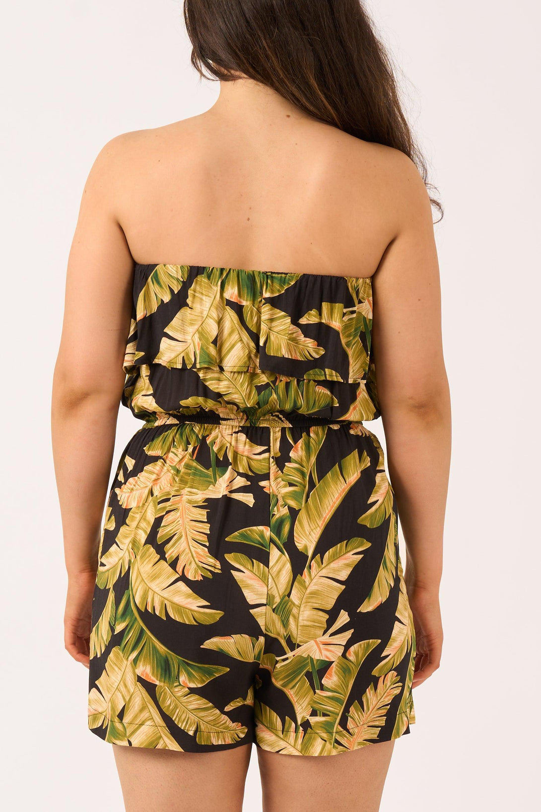 Black Tropical Leaf Sustainable Viscose - Frill Playsuit-Activewear-Exoticathletica