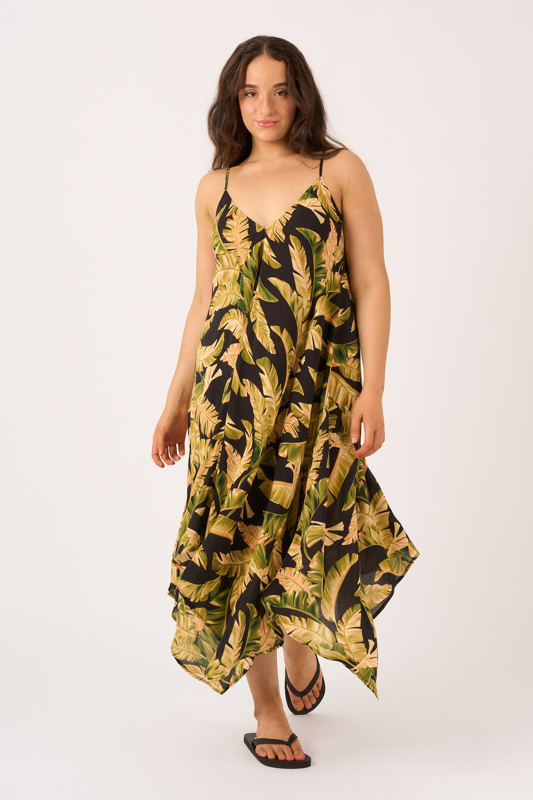 Black Tropical Leaf Sustainable Viscose - Hanky Hem Dress-Activewear-Exoticathletica