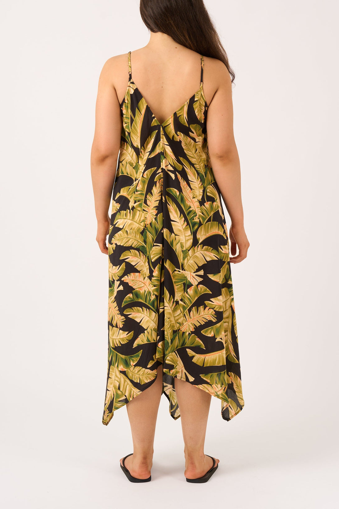 Black Tropical Leaf Sustainable Viscose - Hanky Hem Dress-Activewear-Exoticathletica