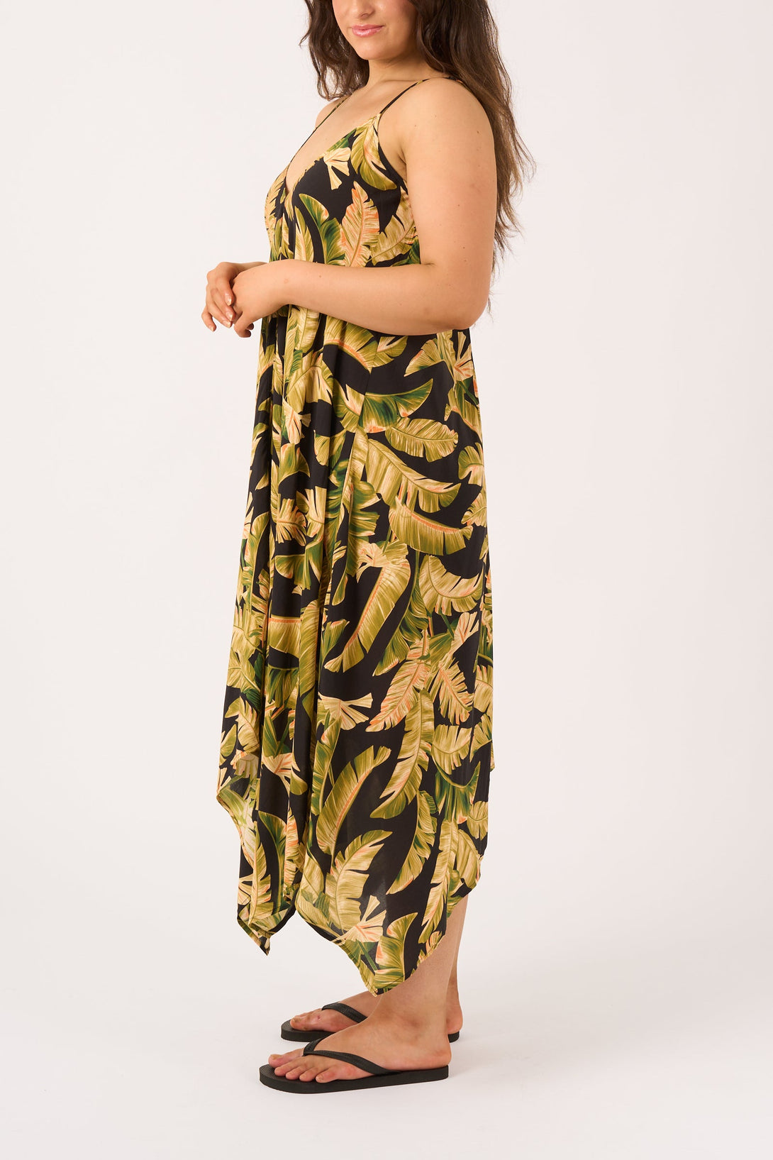 Black Tropical Leaf Sustainable Viscose - Hanky Hem Dress-Activewear-Exoticathletica