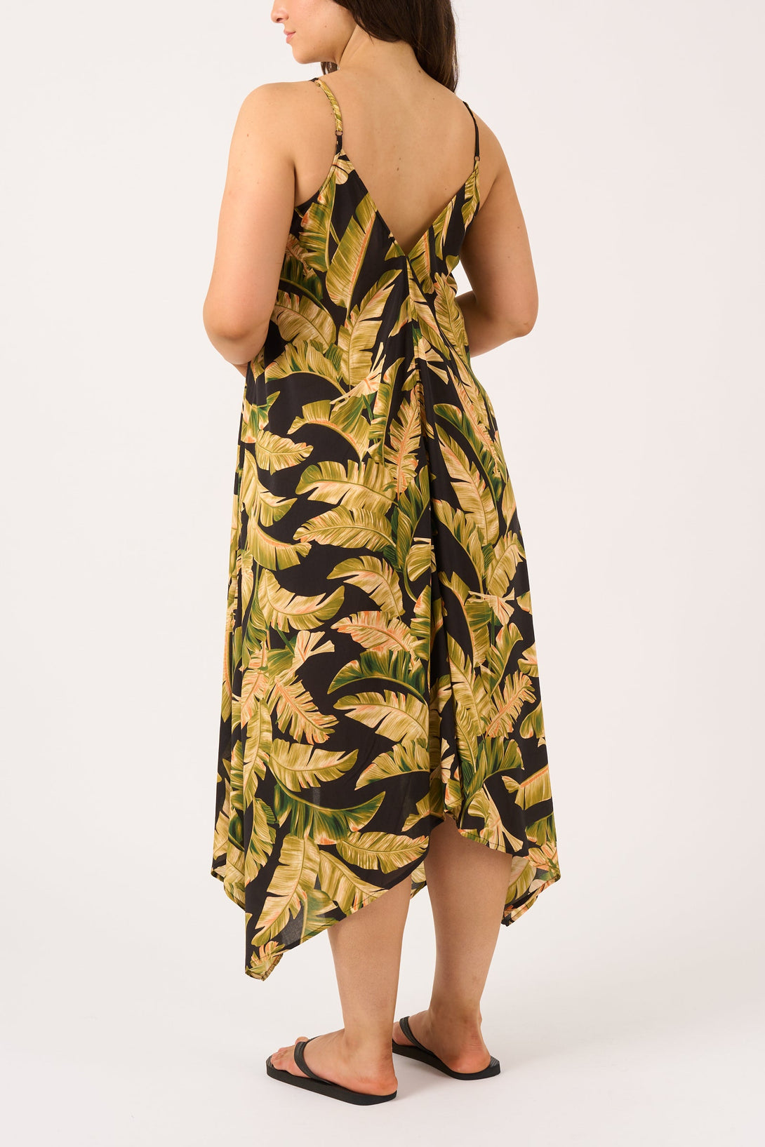 Black Tropical Leaf Sustainable Viscose - Hanky Hem Dress-Activewear-Exoticathletica