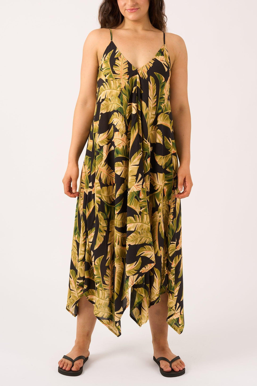 Black Tropical Leaf Sustainable Viscose - Hanky Hem Dress-Activewear-Exoticathletica