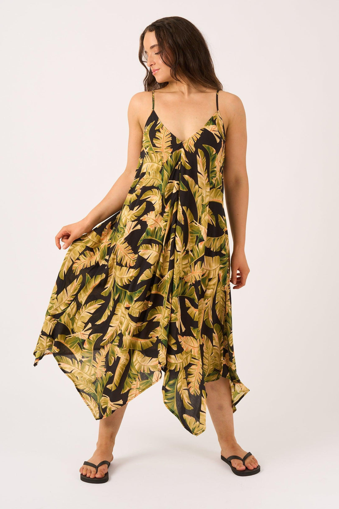 Black Tropical Leaf Sustainable Viscose - Hanky Hem Dress-Activewear-Exoticathletica