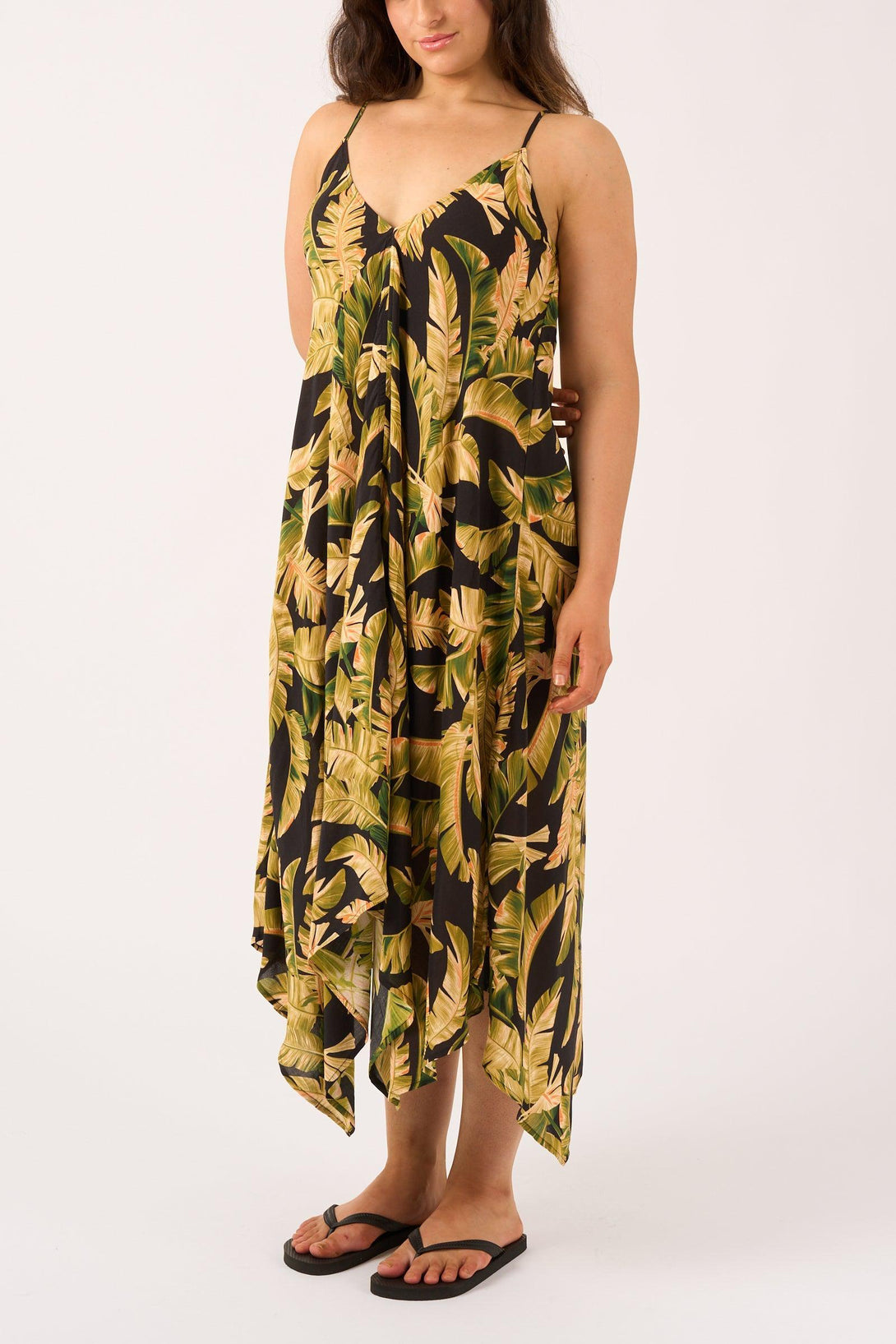 Black Tropical Leaf Sustainable Viscose - Hanky Hem Dress-Activewear-Exoticathletica