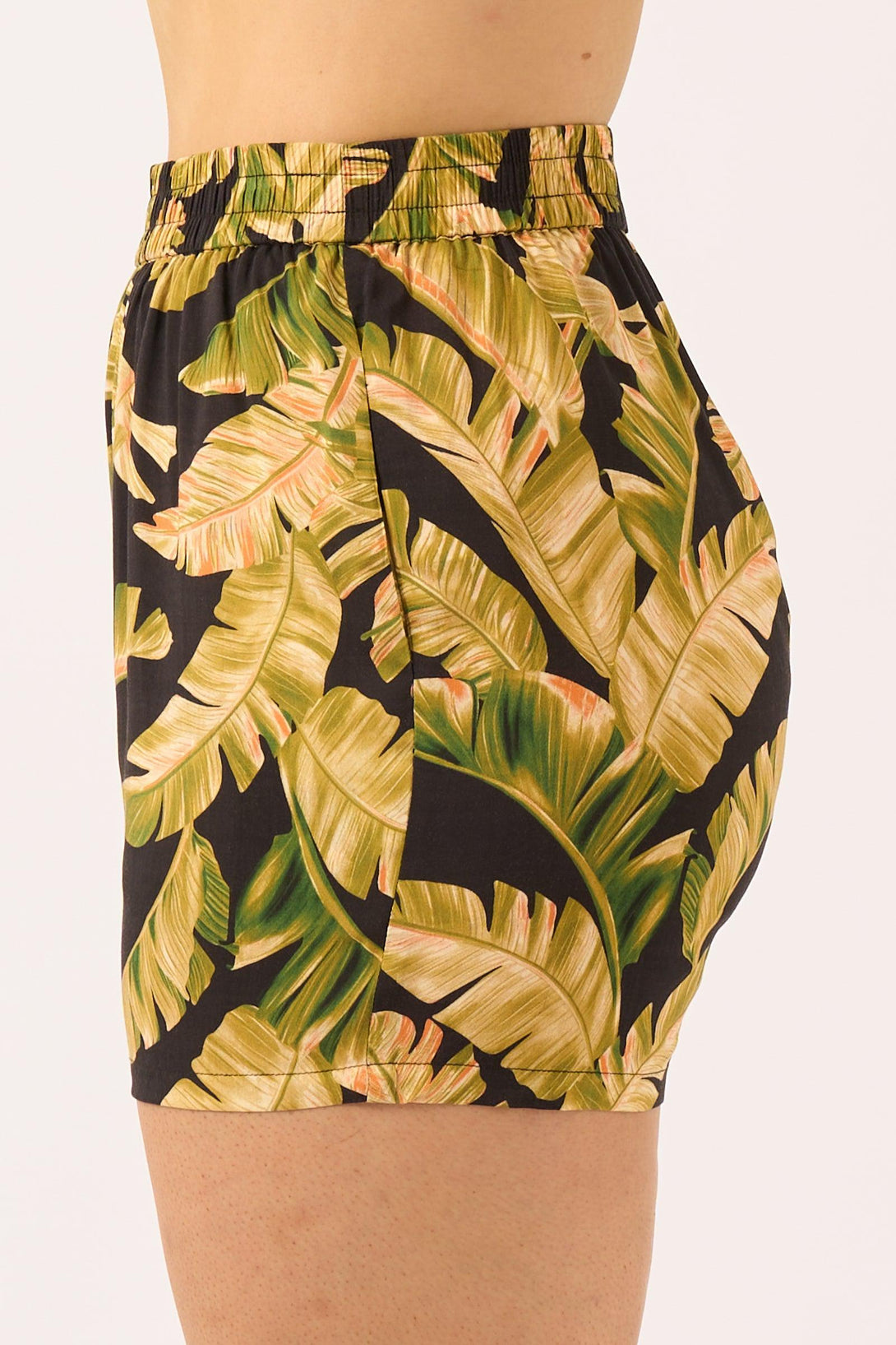 Black Tropical Leaf Sustainable Viscose - Pull On Short-Activewear-Exoticathletica