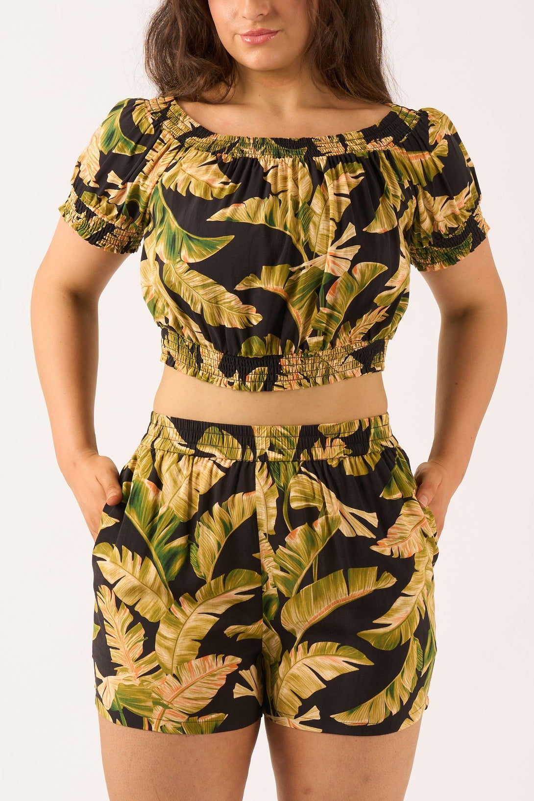 Black Tropical Leaf Sustainable Viscose - Pull On Short-Activewear-Exoticathletica