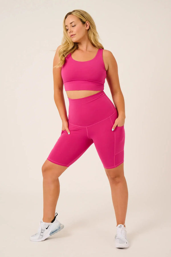 Body Contouring Extra High Waisted Panel Pocket Long Shorts - Hot Pink-Activewear-Exoticathletica