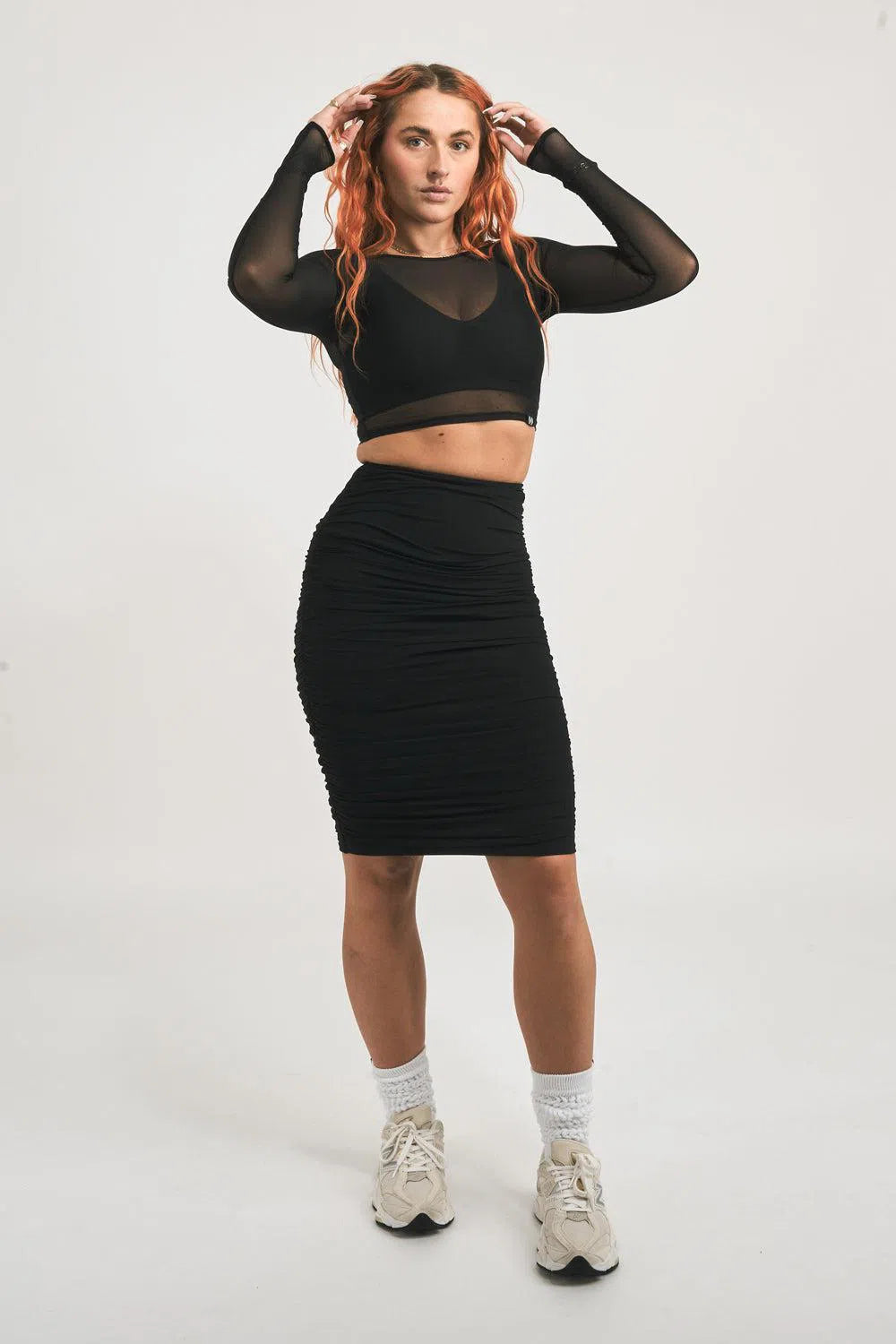 Body Contouring Mesh Ruched Midi Skirt - Black-Activewear-Exoticathletica