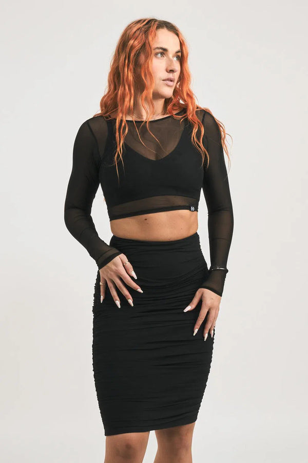 Body Contouring Mesh Ruched Midi Skirt - Black-Activewear-Exoticathletica