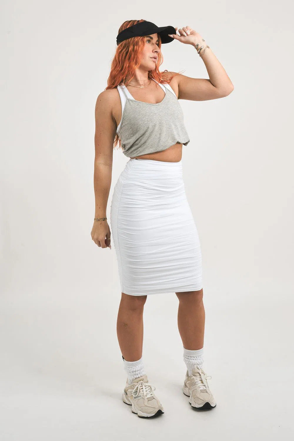 Body Contouring Mesh Ruched Midi Skirt - White-Activewear-Exoticathletica