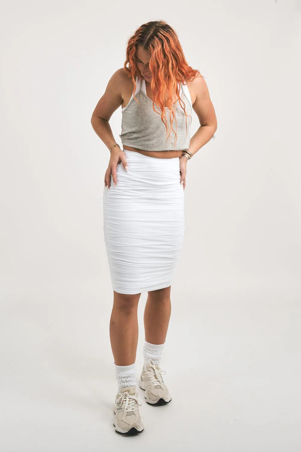 Body Contouring Mesh Ruched Midi Skirt - White-Activewear-Exoticathletica