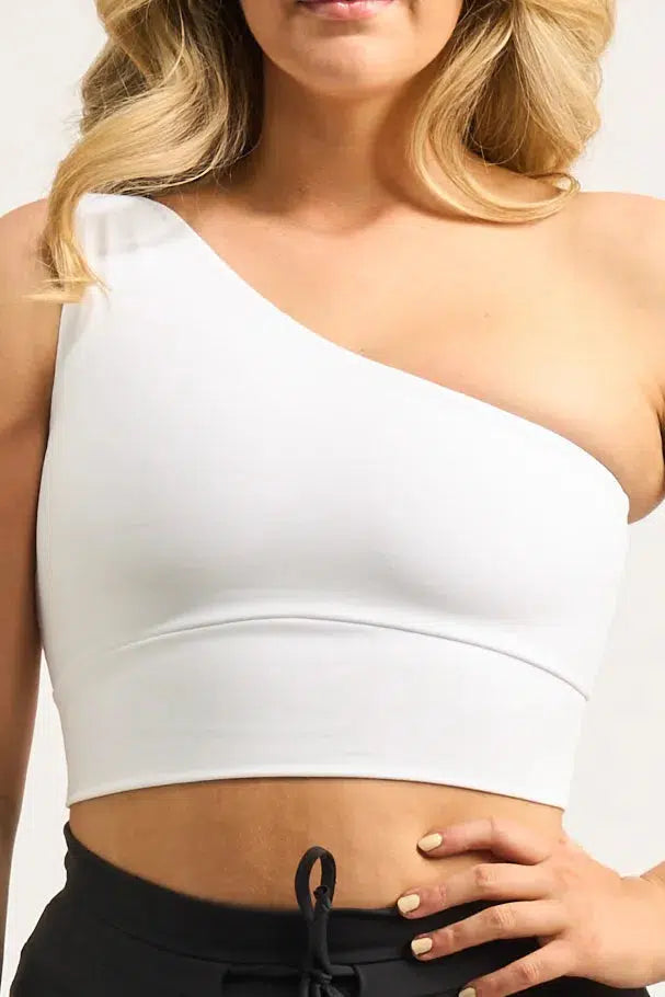 Body Contouring One Shoulder Comfort Crop Top - White-9358328139140-Activewear-Exoticathletica