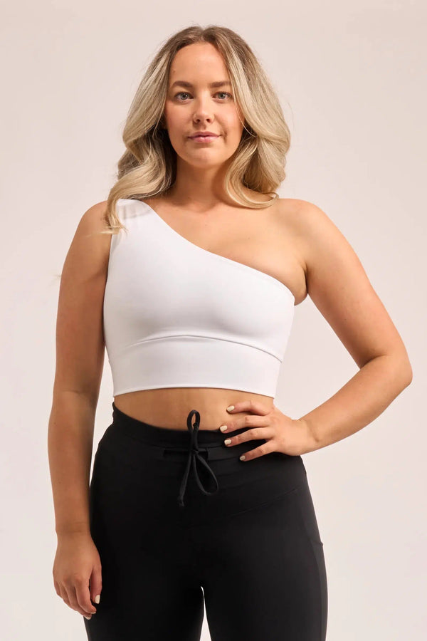 Body Contouring One Shoulder Comfort Crop Top - White-Activewear-Exoticathletica