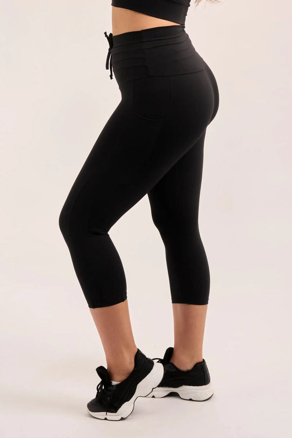 Body Contouring Panel Pocket Drawstring Capri Leggings - Black-Activewear-Exoticathletica