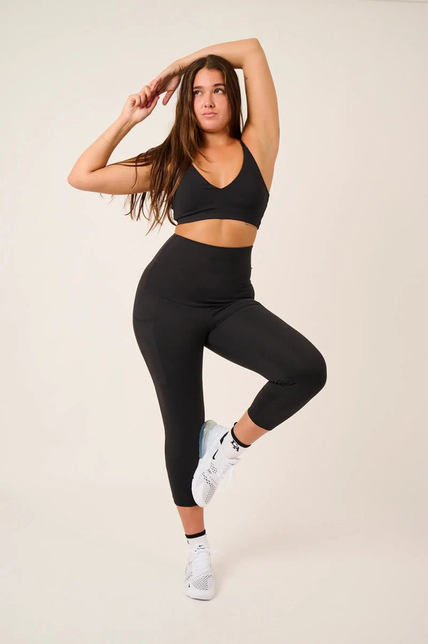 Body Contouring Panel Pocket Extra High Waisted Capri Leggings - Black-Activewear-Exoticathletica