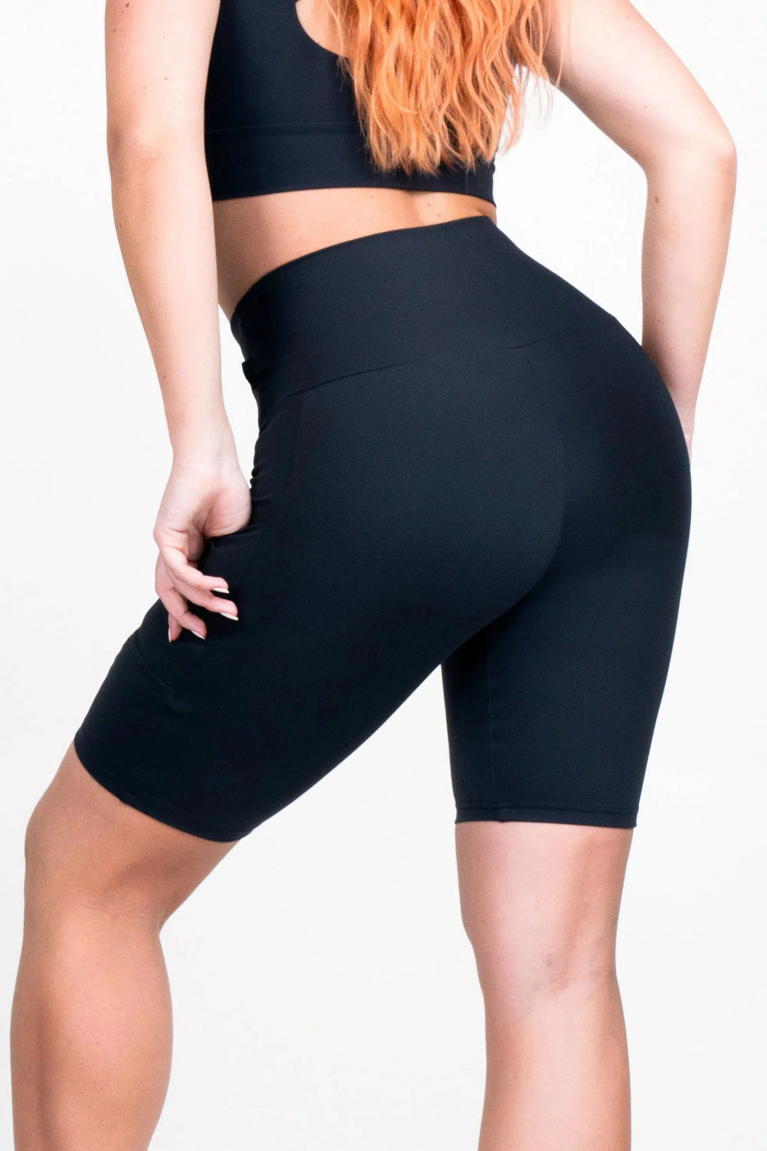 Body Contouring Panel Pocket High Waisted Long Shorts - Black-Activewear-Exoticathletica