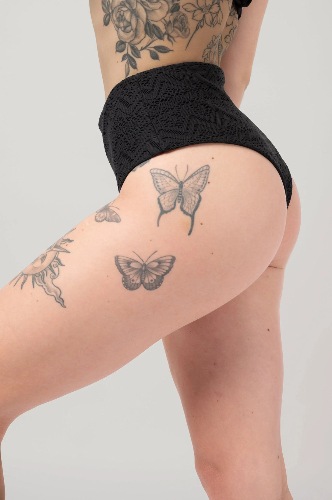 Bohemian Lace High Waisted Cheeky Cut Bikini Bottoms - Black-Activewear-Exoticathletica