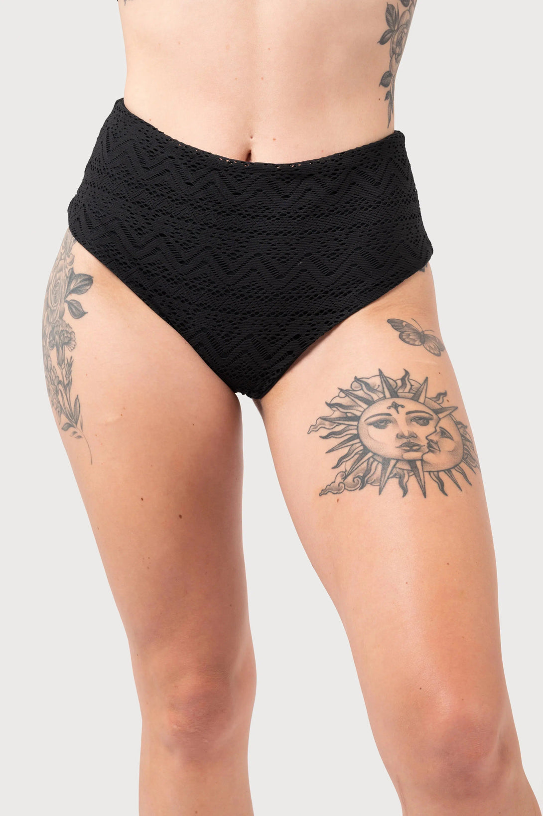 Bohemian Lace High Waisted Cheeky Cut Bikini Bottoms - Black-Activewear-Exoticathletica