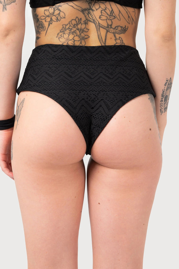 Bohemian Lace High Waisted Cheeky Cut Bikini Bottoms - Black-Activewear-Exoticathletica