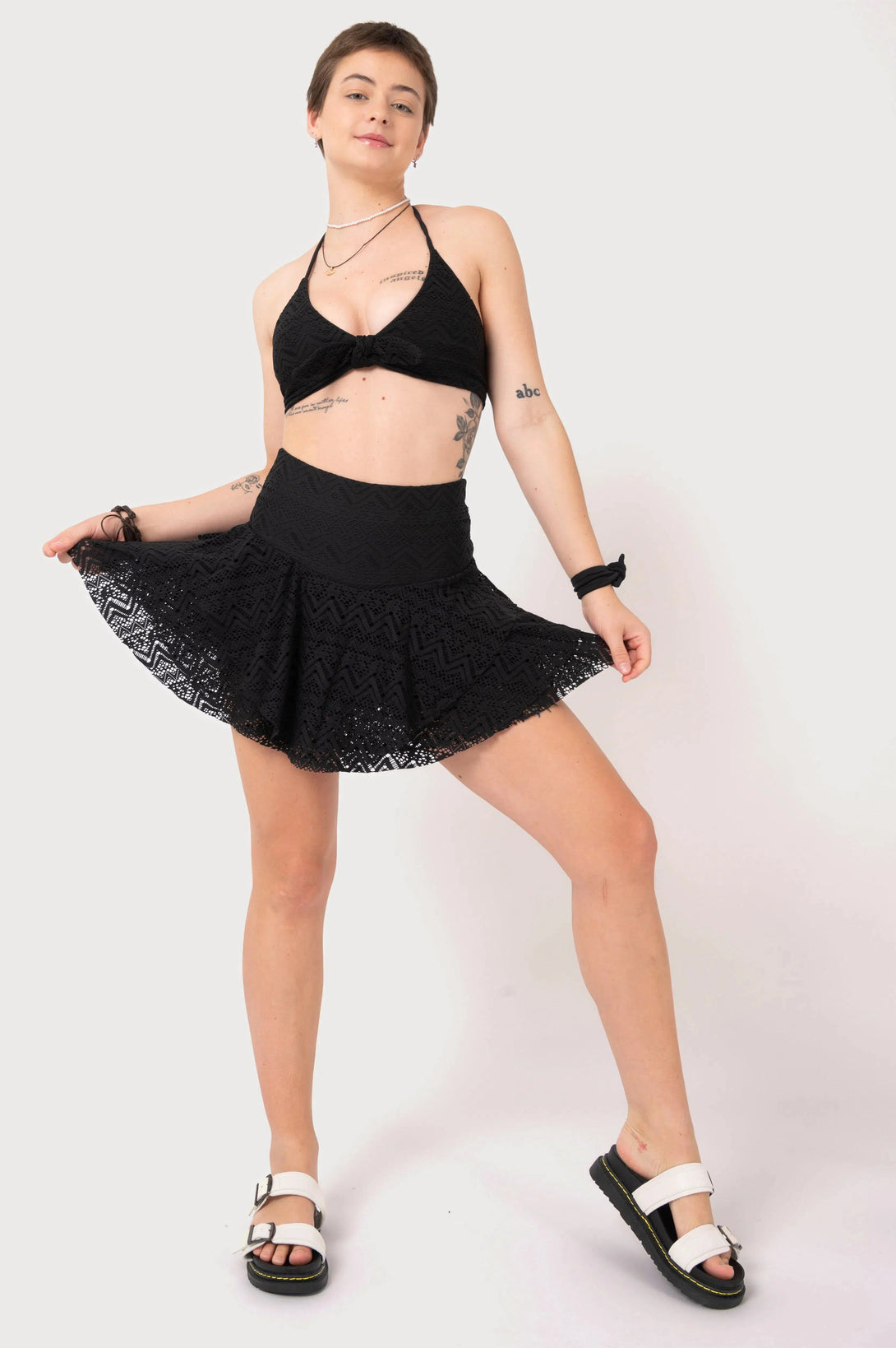 Bohemian Lace High Waisted Ruffle Skort - Black-Activewear-Exoticathletica